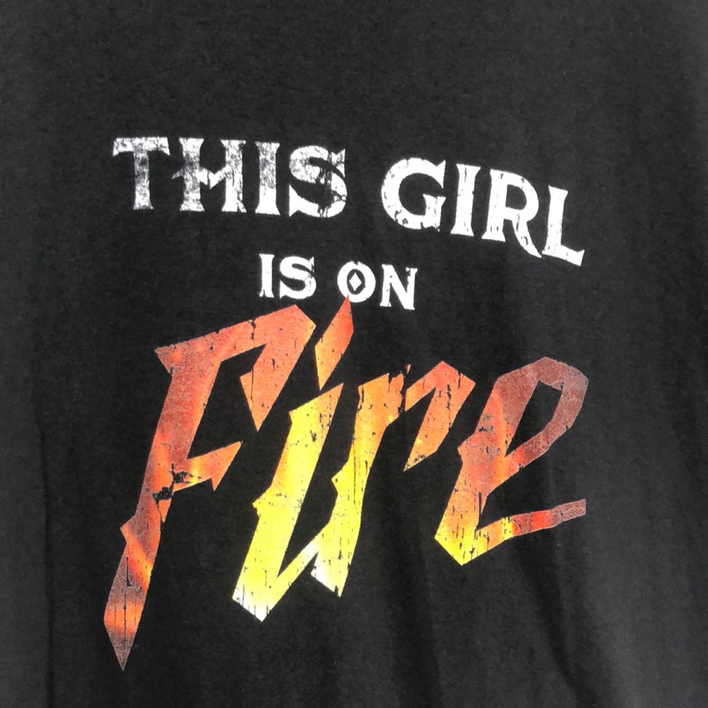 This girl is on fire, black T-shirt, by port and Company, XL, some wear